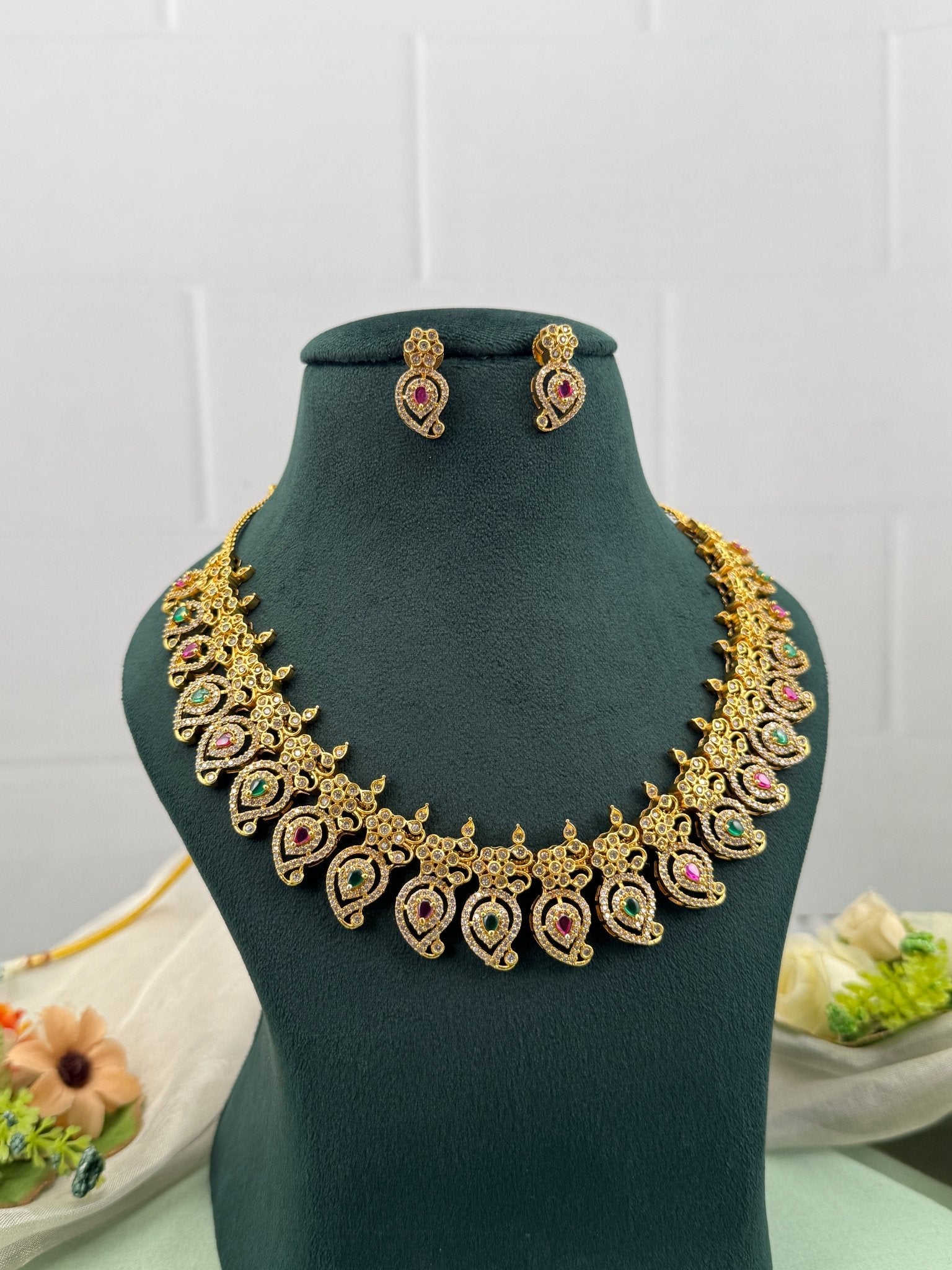 Designer Antique Gold Stone Necklace Set 674 - Mahilas