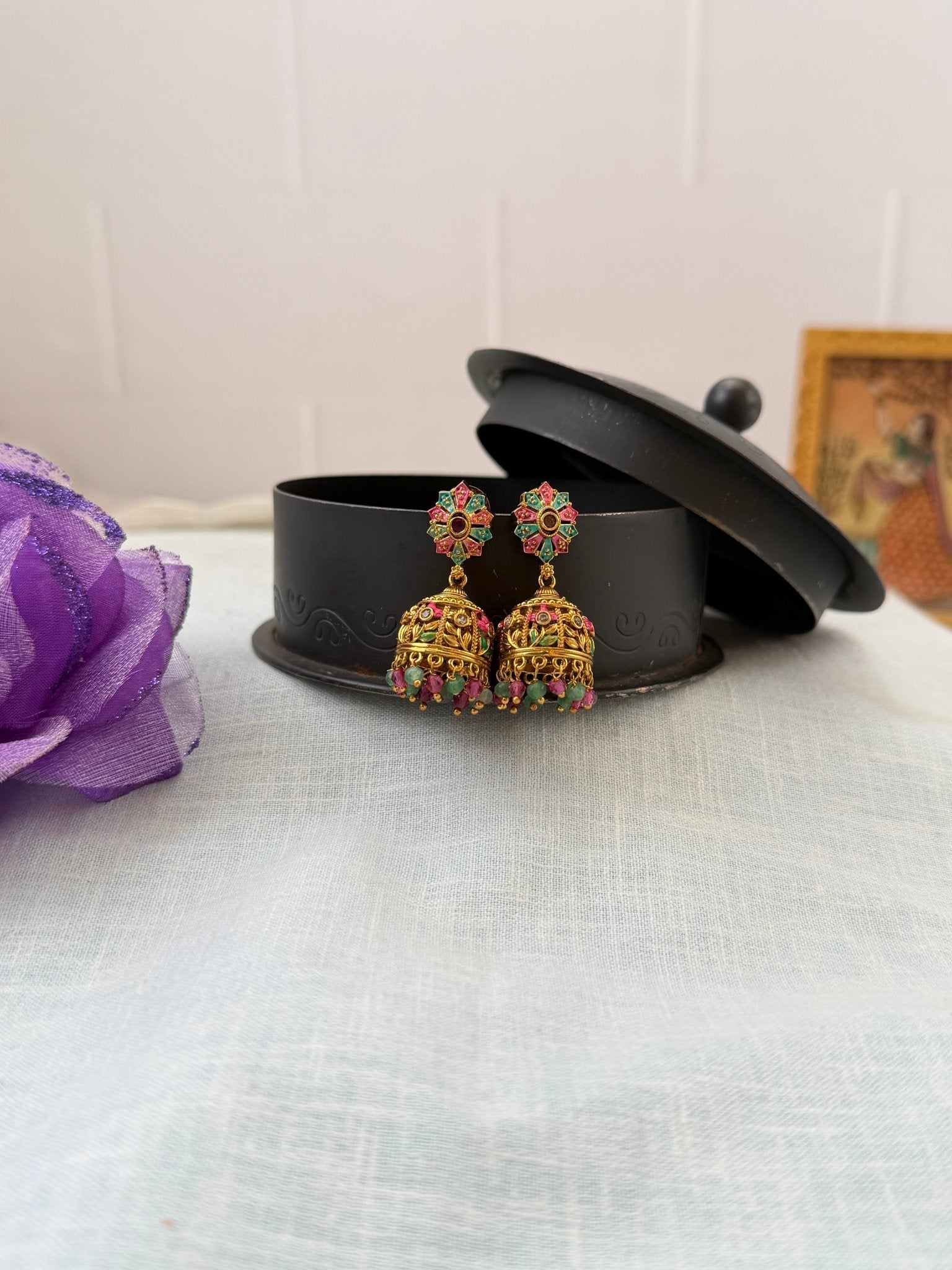Designer Antique Stone Jhumka Earrings 1049 - Mahilas
