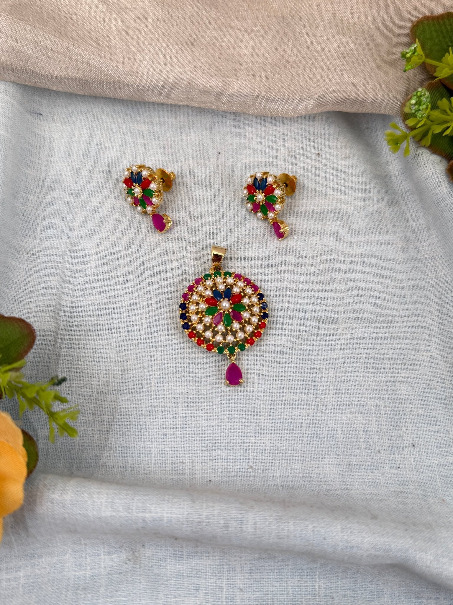 Designer Antique Stone Pendant With Earrings Set 253 - Mahilas