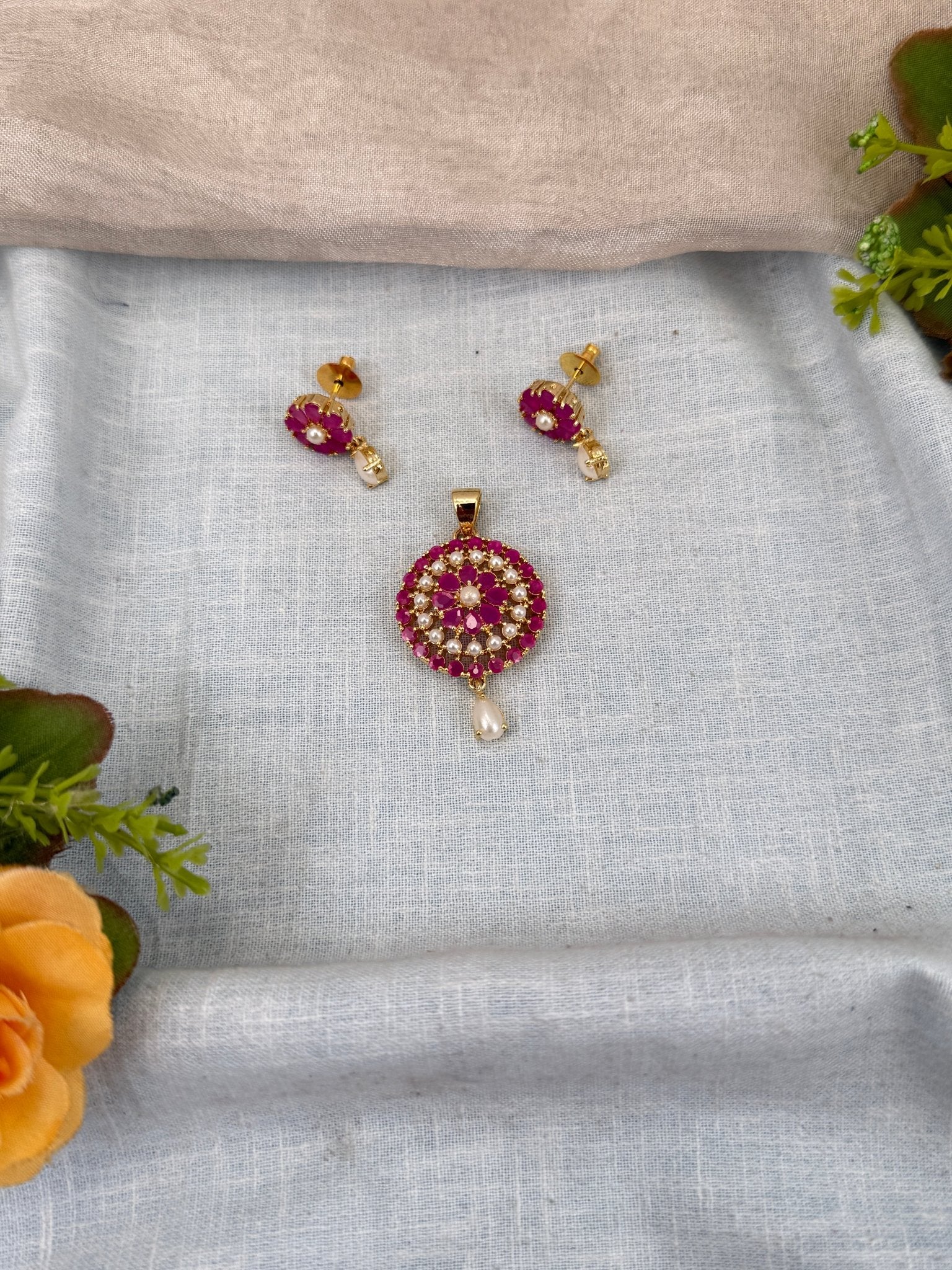 Designer Antique Stone Pendant With Earrings Set 256 - Mahilas