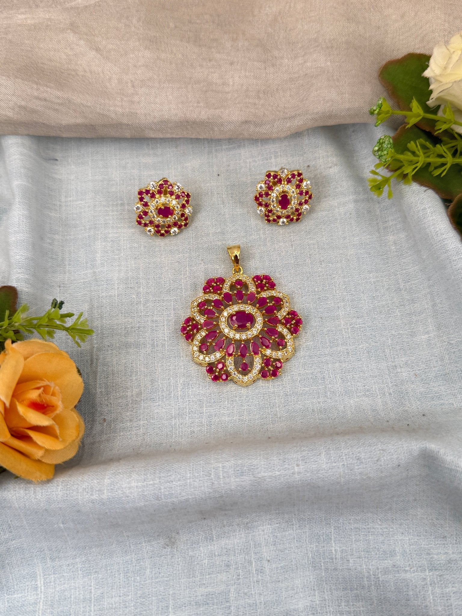 Designer Antique Stone Pendant With Earrings Set 258 - Mahilas