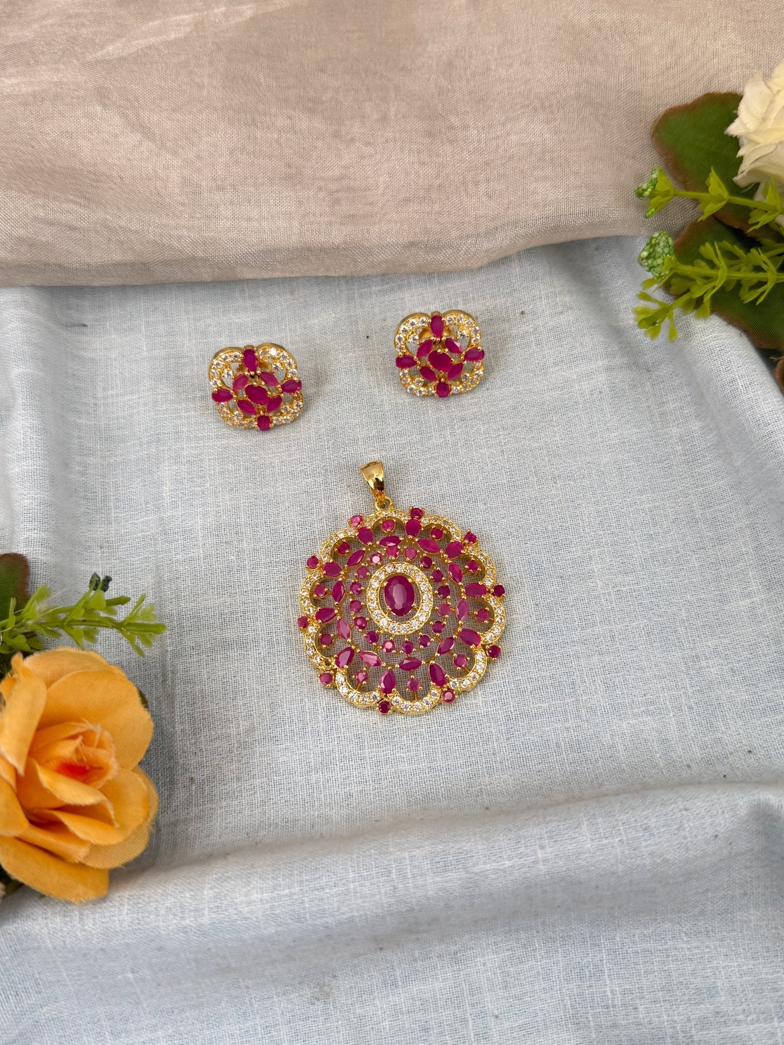 Designer Antique Stone Pendant With Earrings Set 259 - Mahilas