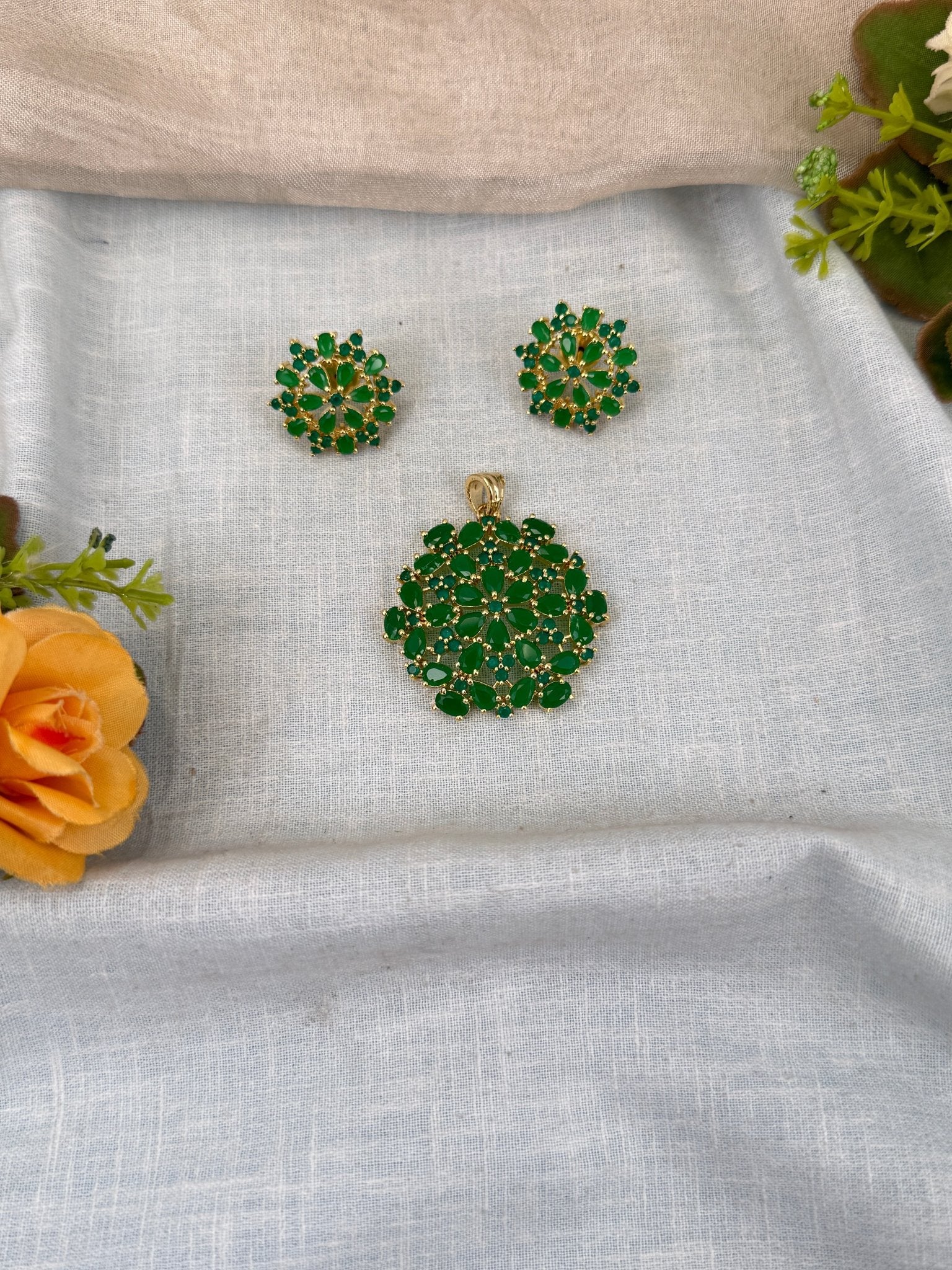 Designer Antique Stone Pendant With Earrings Set 261 - Mahilas