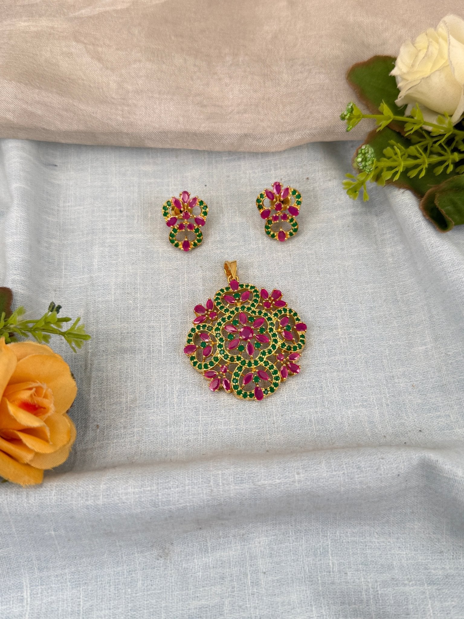 Designer Antique Stone Pendant With Earrings Set 262 - Mahilas