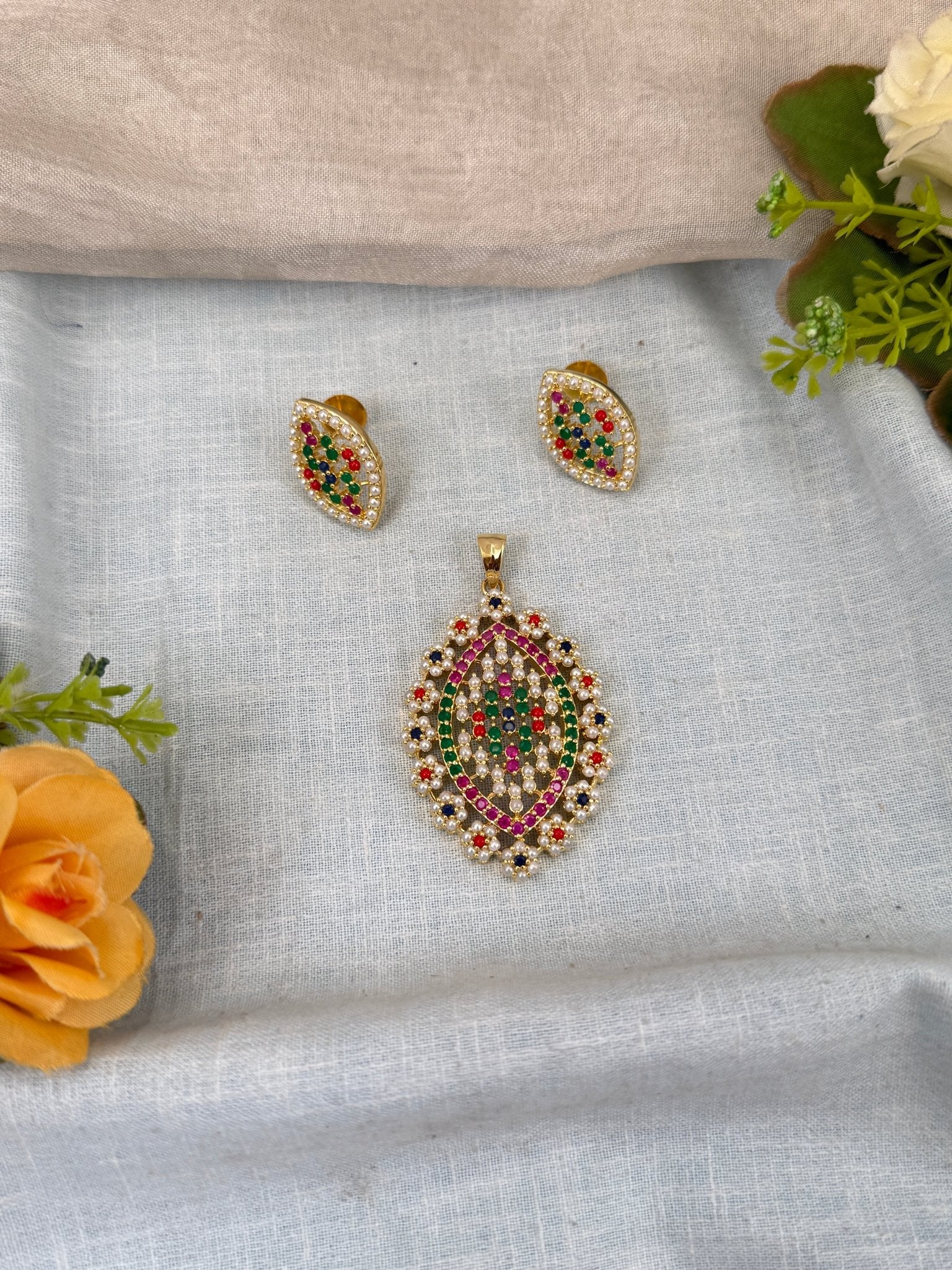 Designer Antique Stone Pendant With Earrings Set 263 - Mahilas