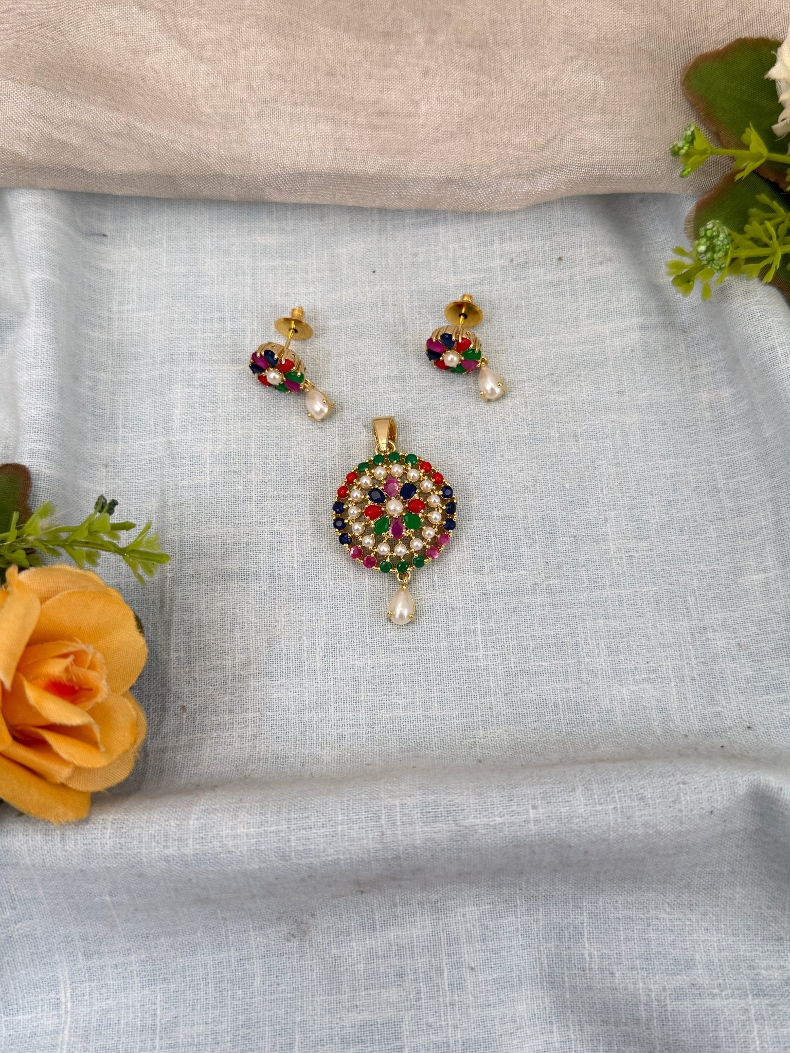 Designer Antique Stone Pendant With Earrings Set 264 - Mahilas