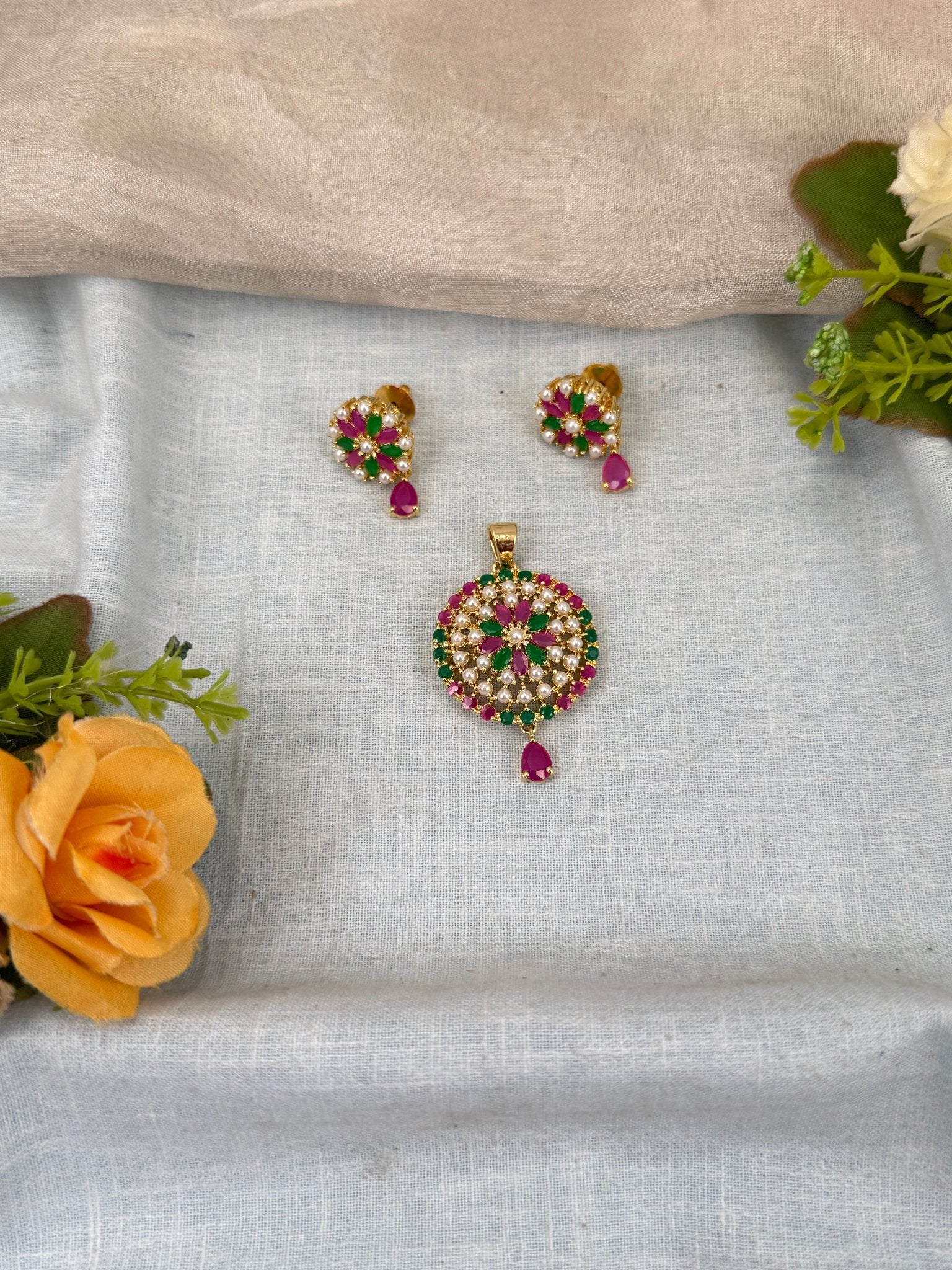 Designer Antique Stone Pendant With Earrings Set 265 - Mahilas