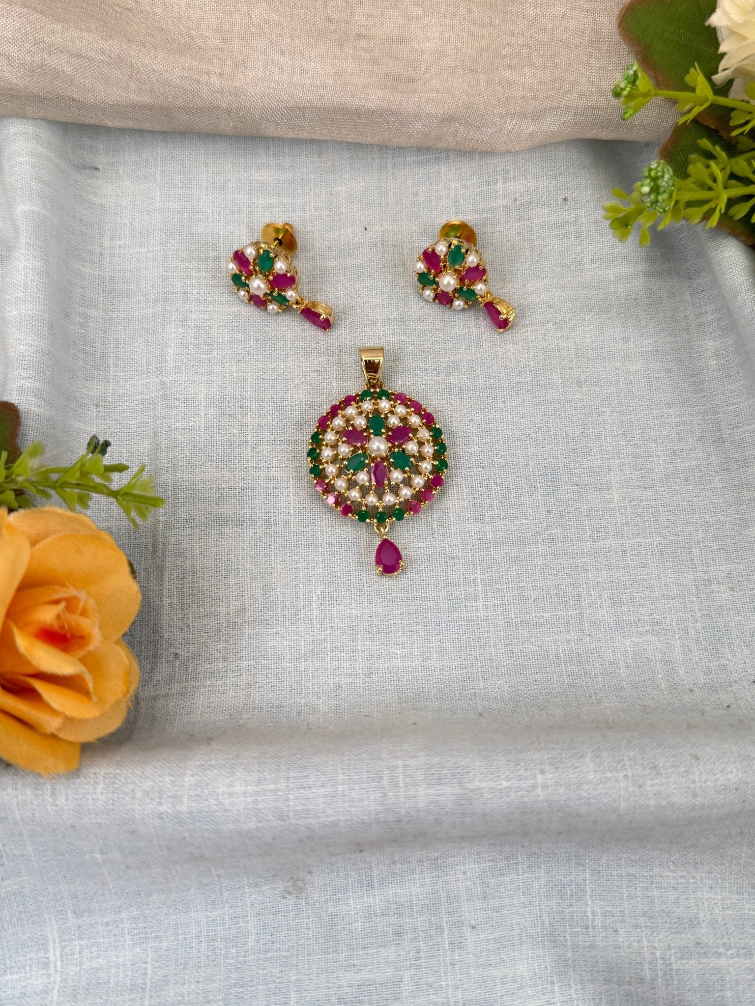 Designer Antique Stone Pendant With Earrings Set 266 - Mahilas