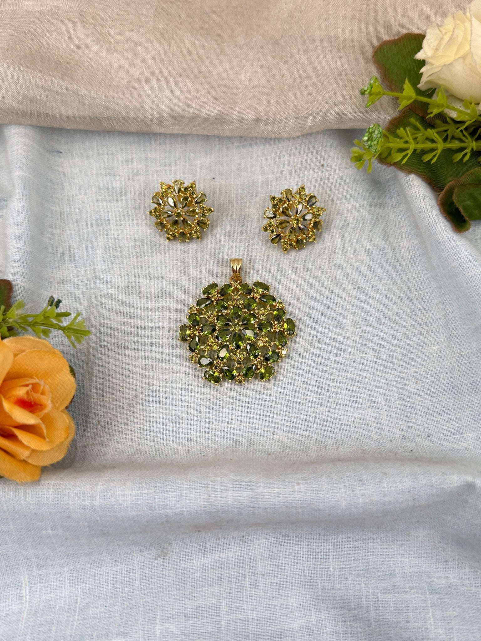 Designer Antique Stone Pendant With Earrings Set 267 - Mahilas