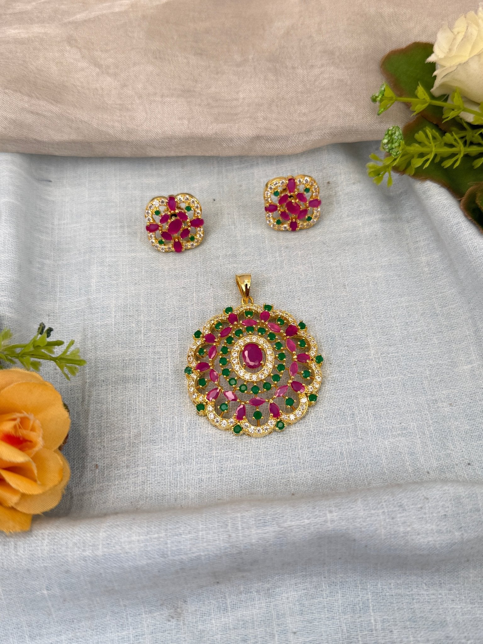 Designer Antique Stone Pendant With Earrings Set 268 - Mahilas