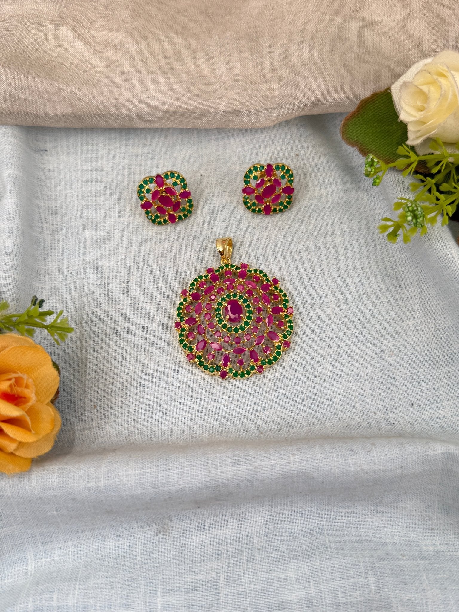 Designer Antique Stone Pendant With Earrings Set 274 - Mahilas