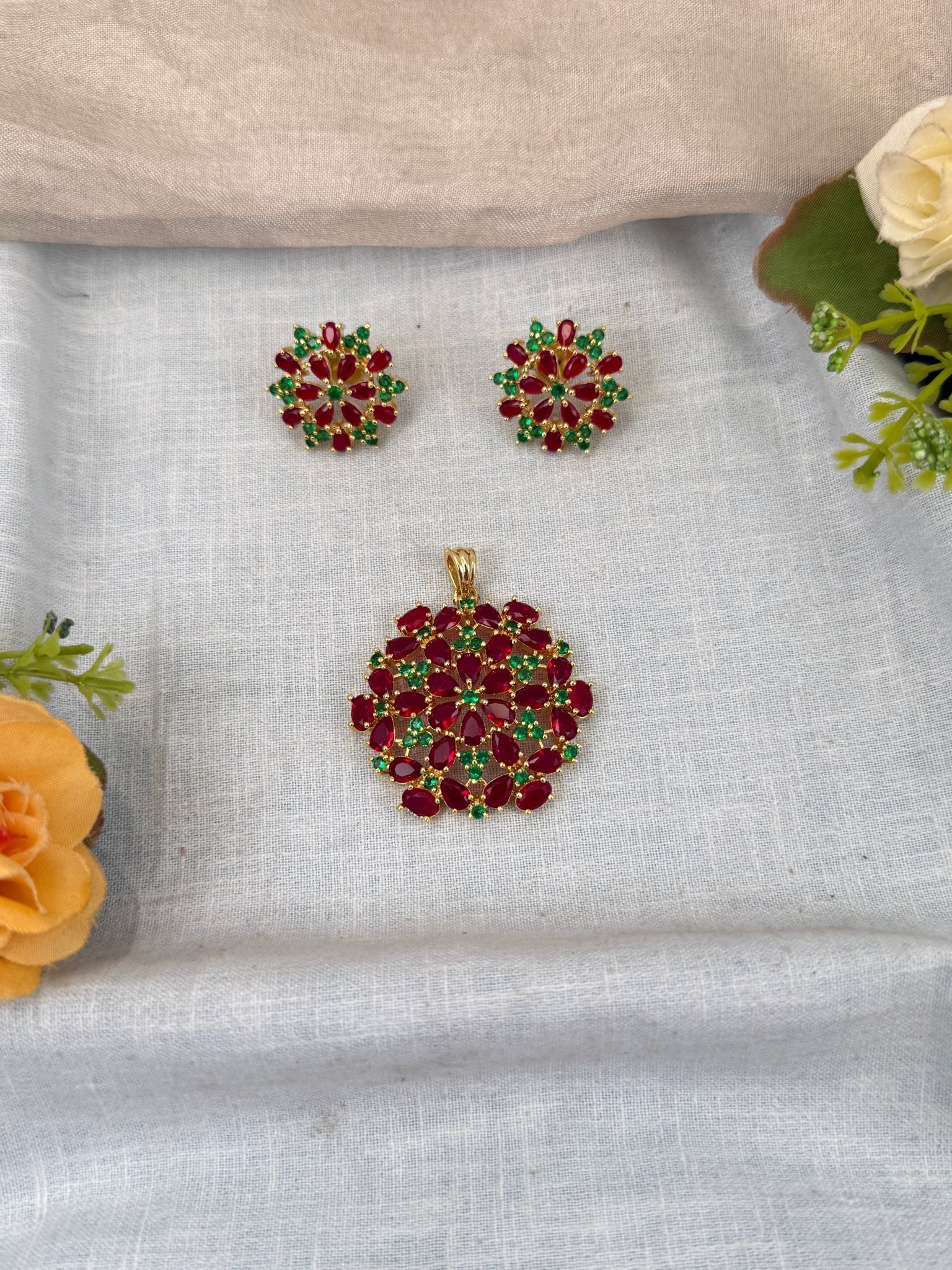 Designer Antique Stone Pendant With Earrings Set 275 - Mahilas