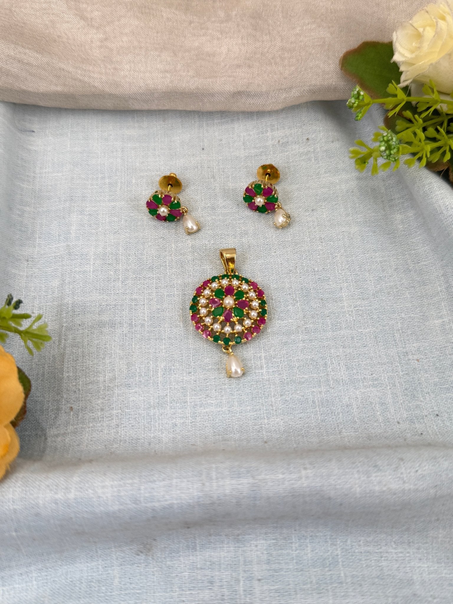 Designer Antique Stone Pendant With Earrings Set 278 - Mahilas