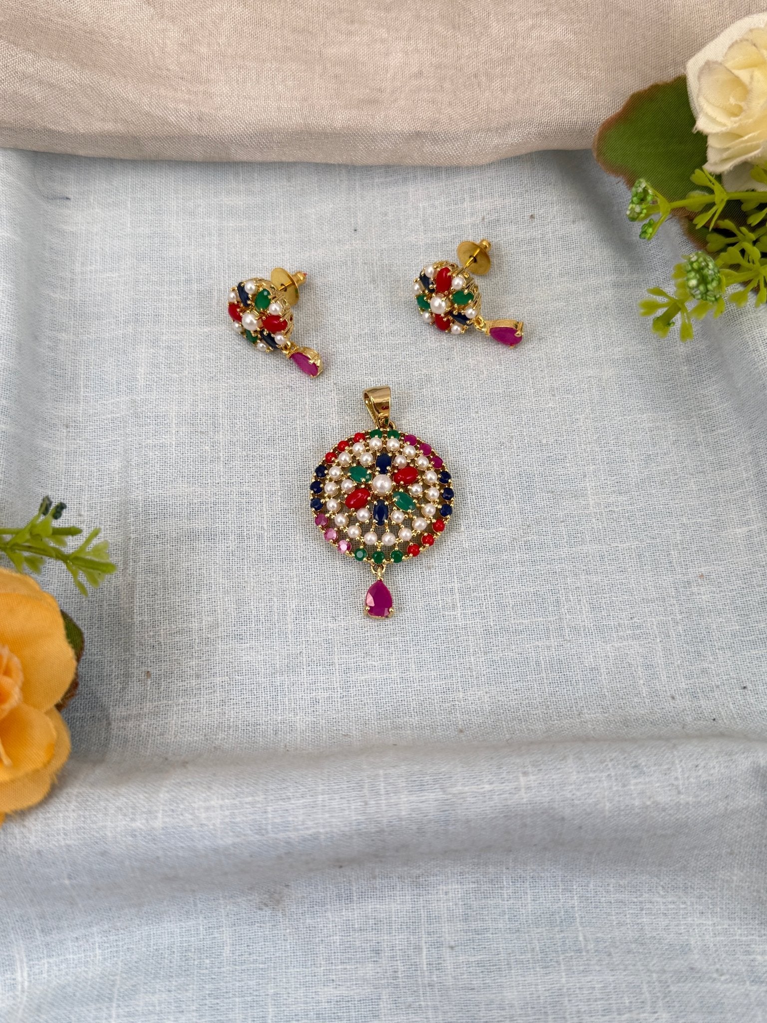 Designer Antique Stone Pendant With Earrings Set 279 - Mahilas