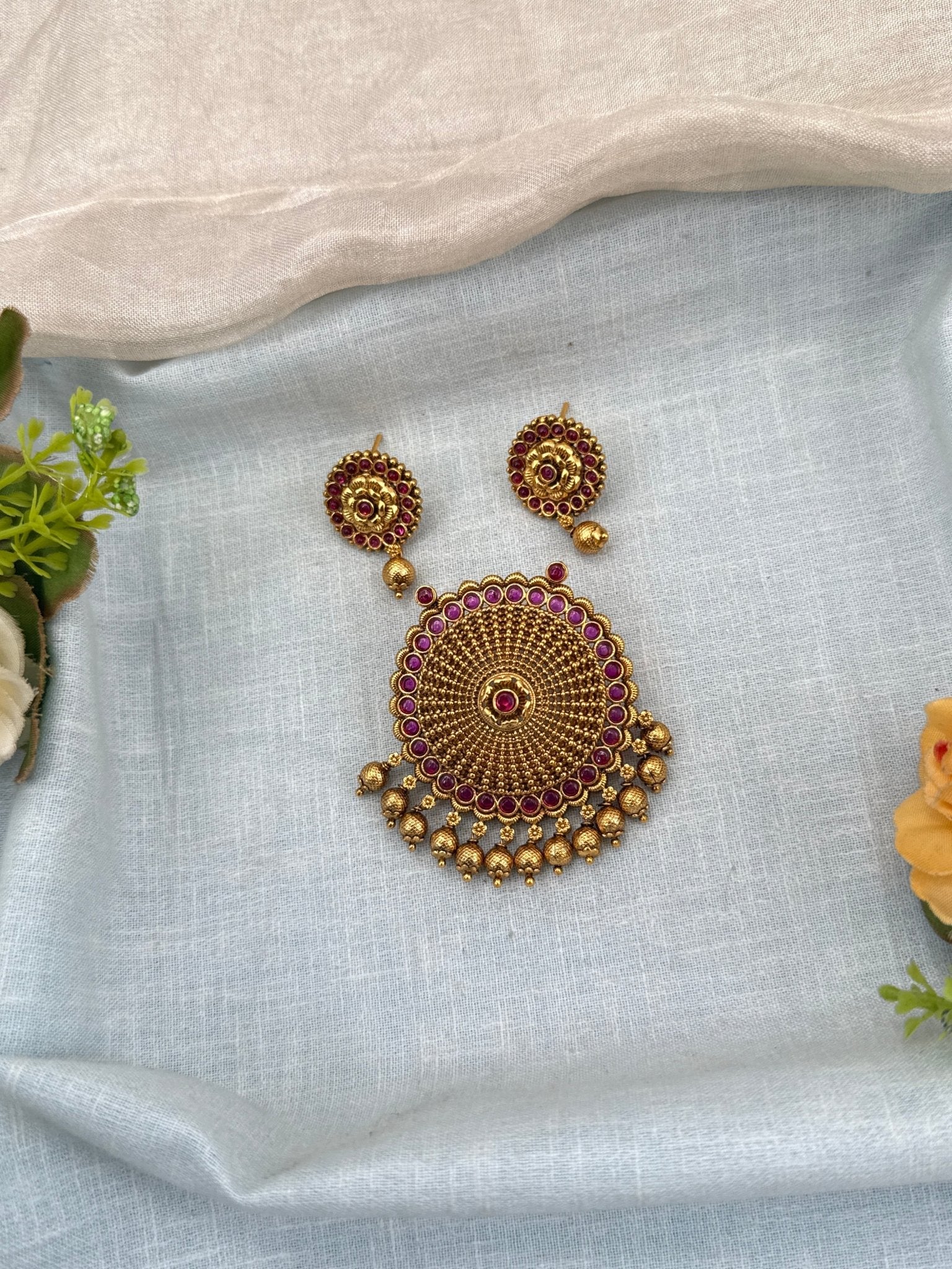 Designer Antique Stone Pendant With Earrings Set 293 - Mahilas