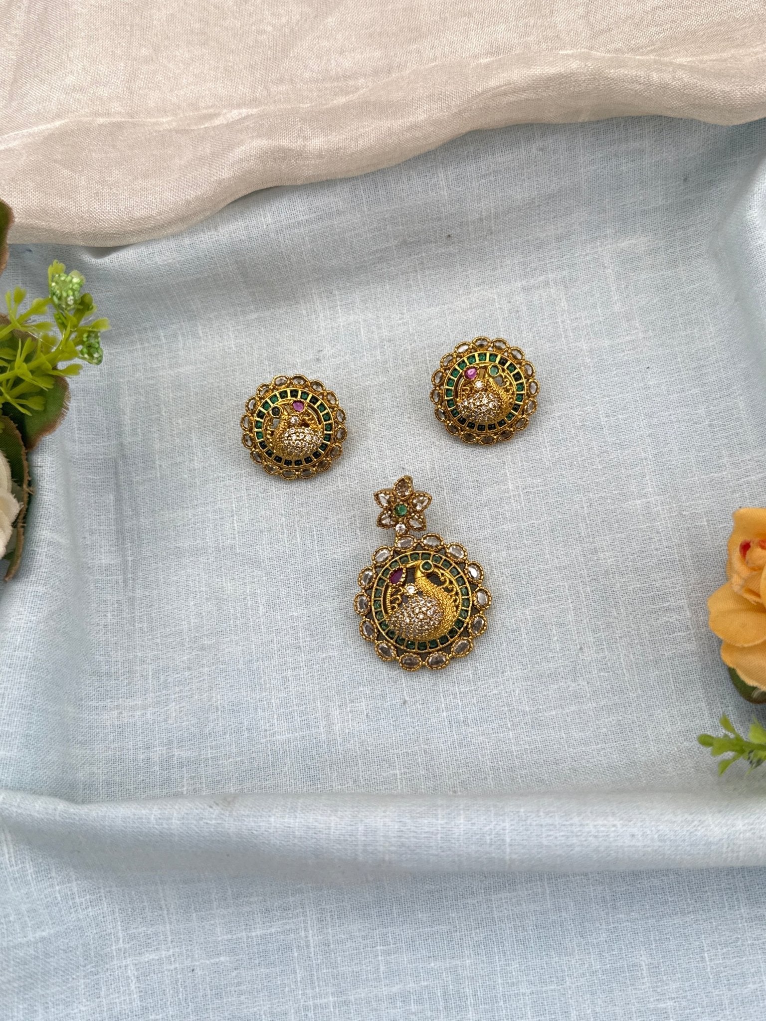 Designer Antique Stone Pendant With Earrings Set 294 - Mahilas