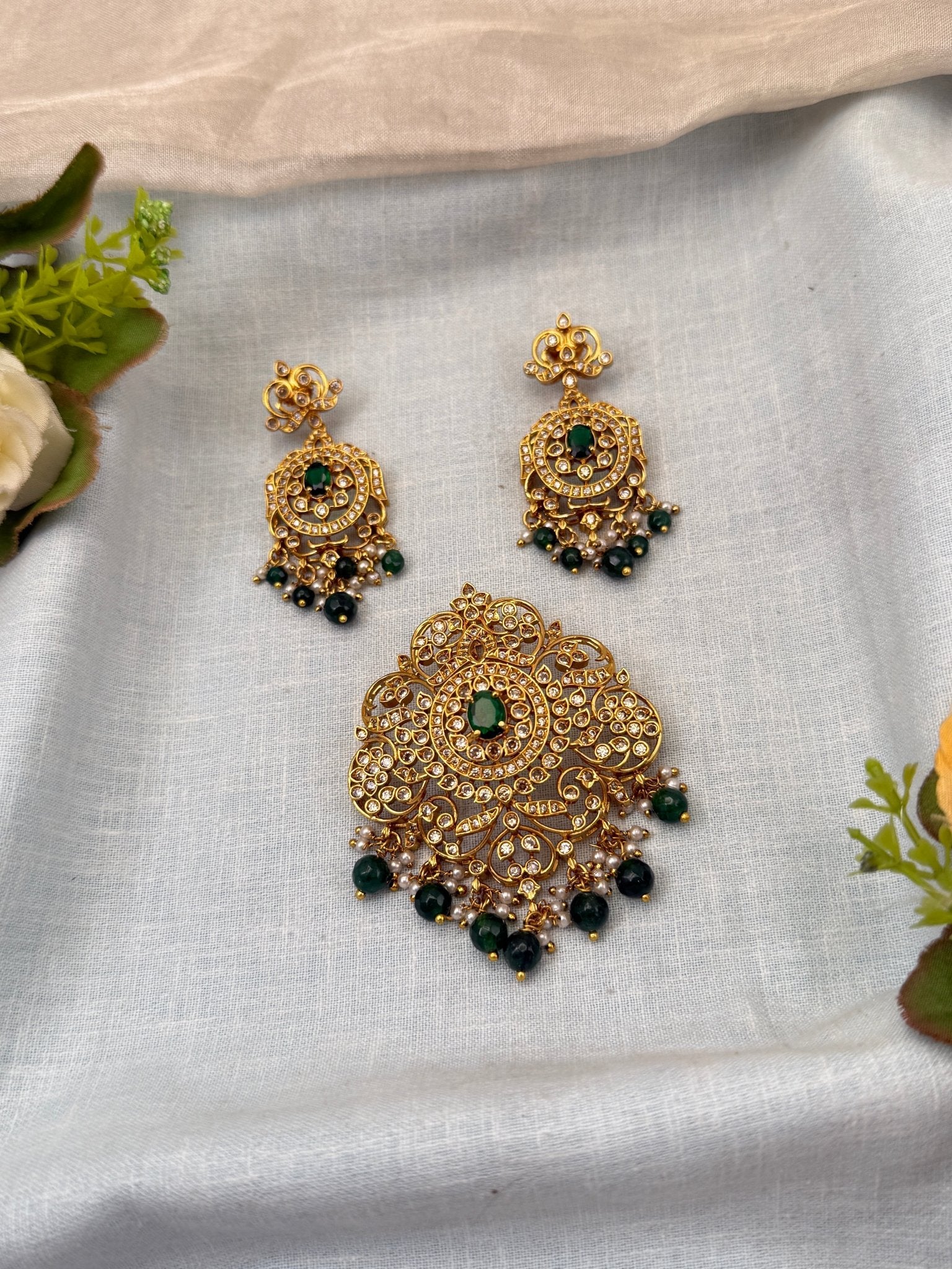 Designer Antique Stone Pendant With Earrings Set 308 - Mahilas