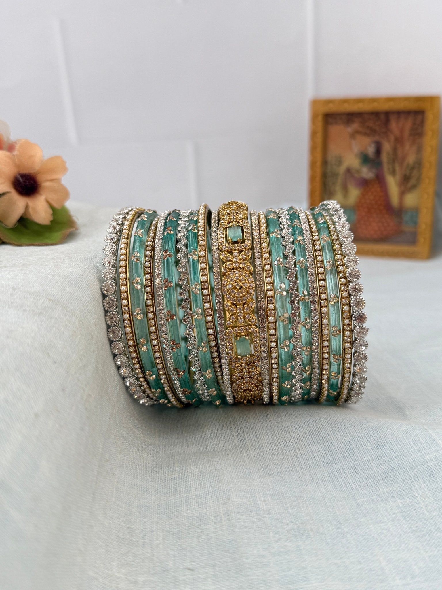 Designer Aqua Blue Glass and Stone Bridal Bangle Set - 5308 - Mahilas