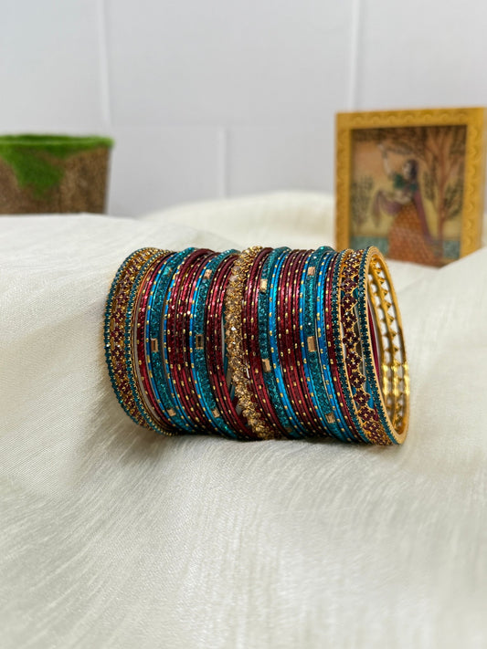 Designer Blue Maroon and Gold Metal & Stone Bangle Set 5101 - Mahilas