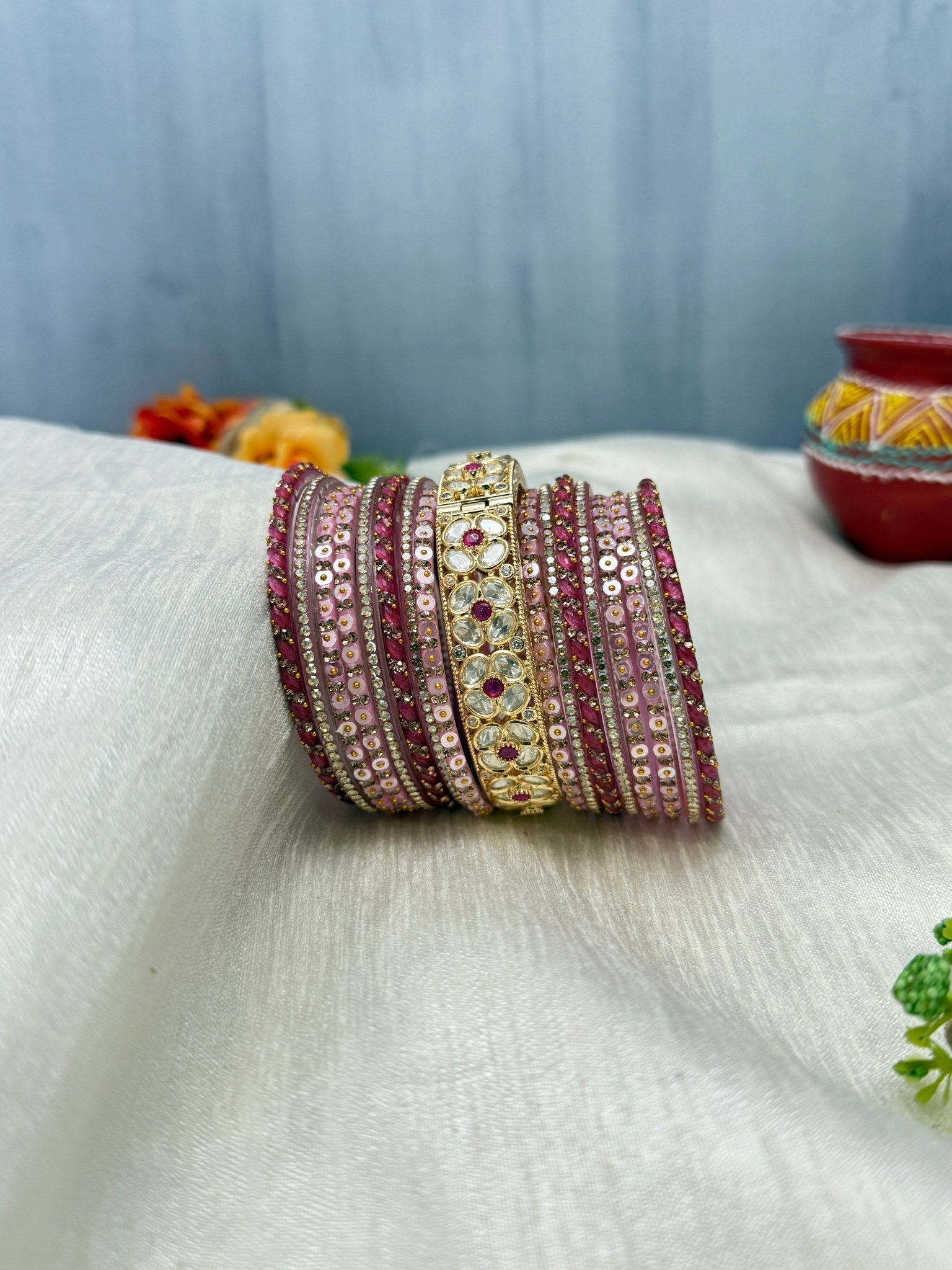 Designer Dark Mauve Pink & Light Pink Kundan Glass Bangle Set - 5162 - Mahilas