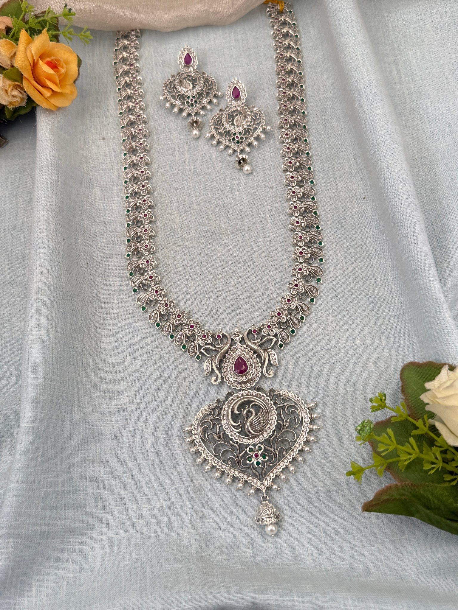 Designer Layer White Metal Mango Long Necklace Set 0445 - Mahilas