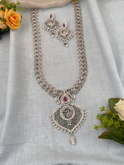 Designer Layer White Metal Mango Long Necklace Set 0445 - Mahilas