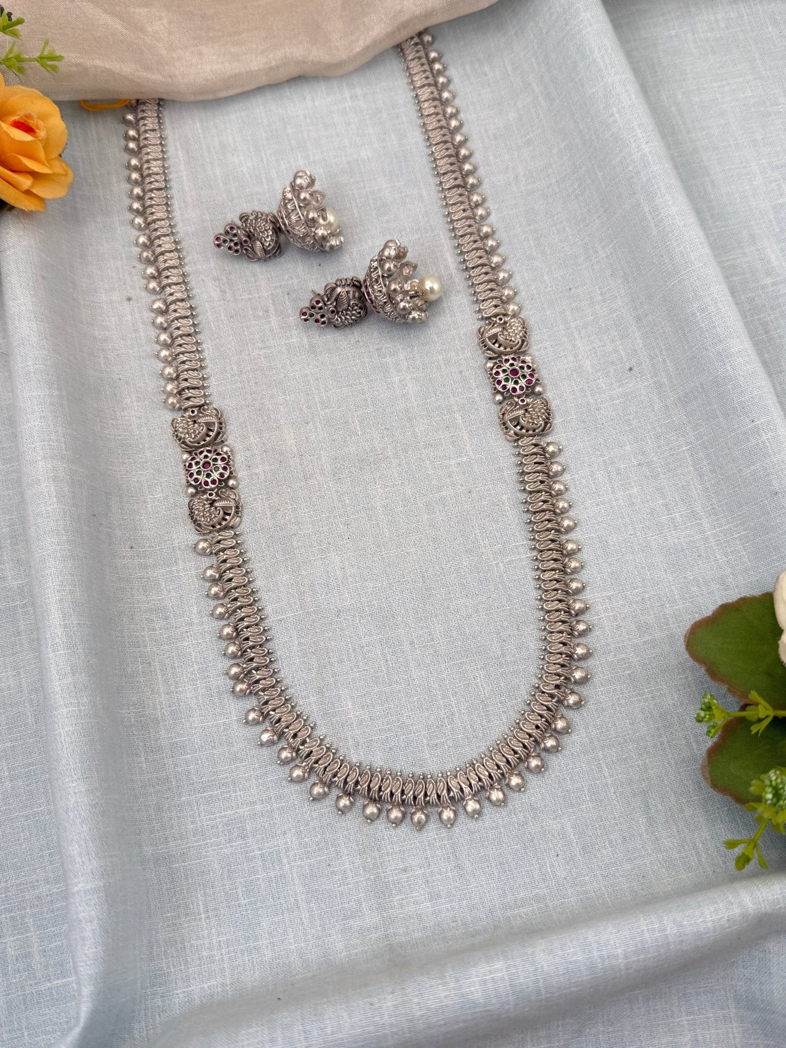 Designer Layer White Metal Peacock Long Necklace Set 0446 - Mahilas