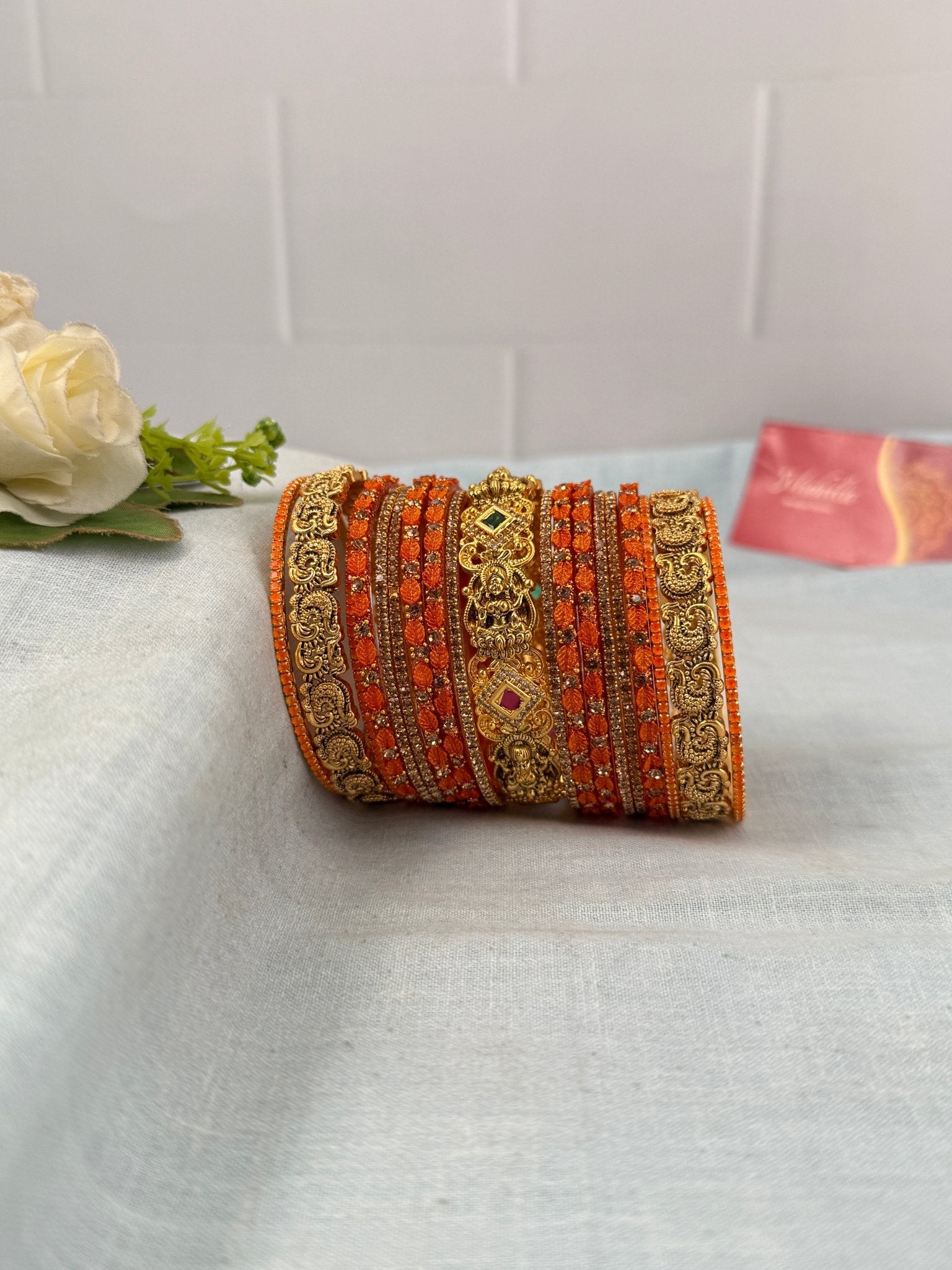 Designer Orange & Gold Glass and Antique Bangle Set 5283 - Mahilas