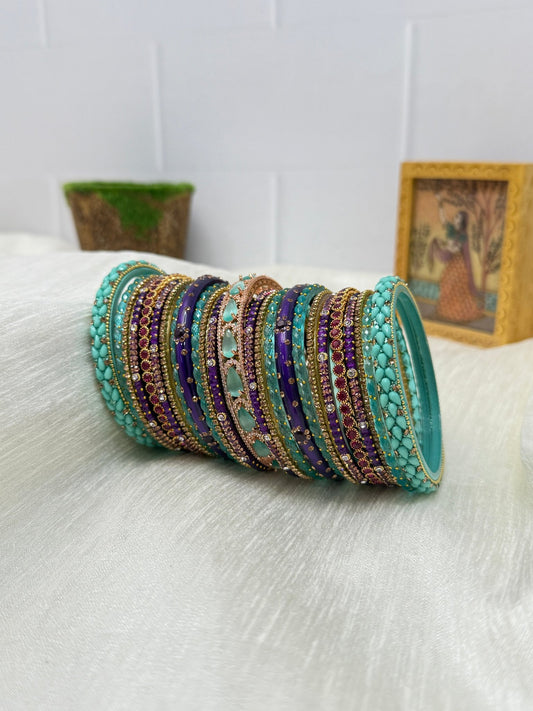 Designer Purple and Aqua Blue Glass & Stone Bangle Set - 5118 - Mahilas