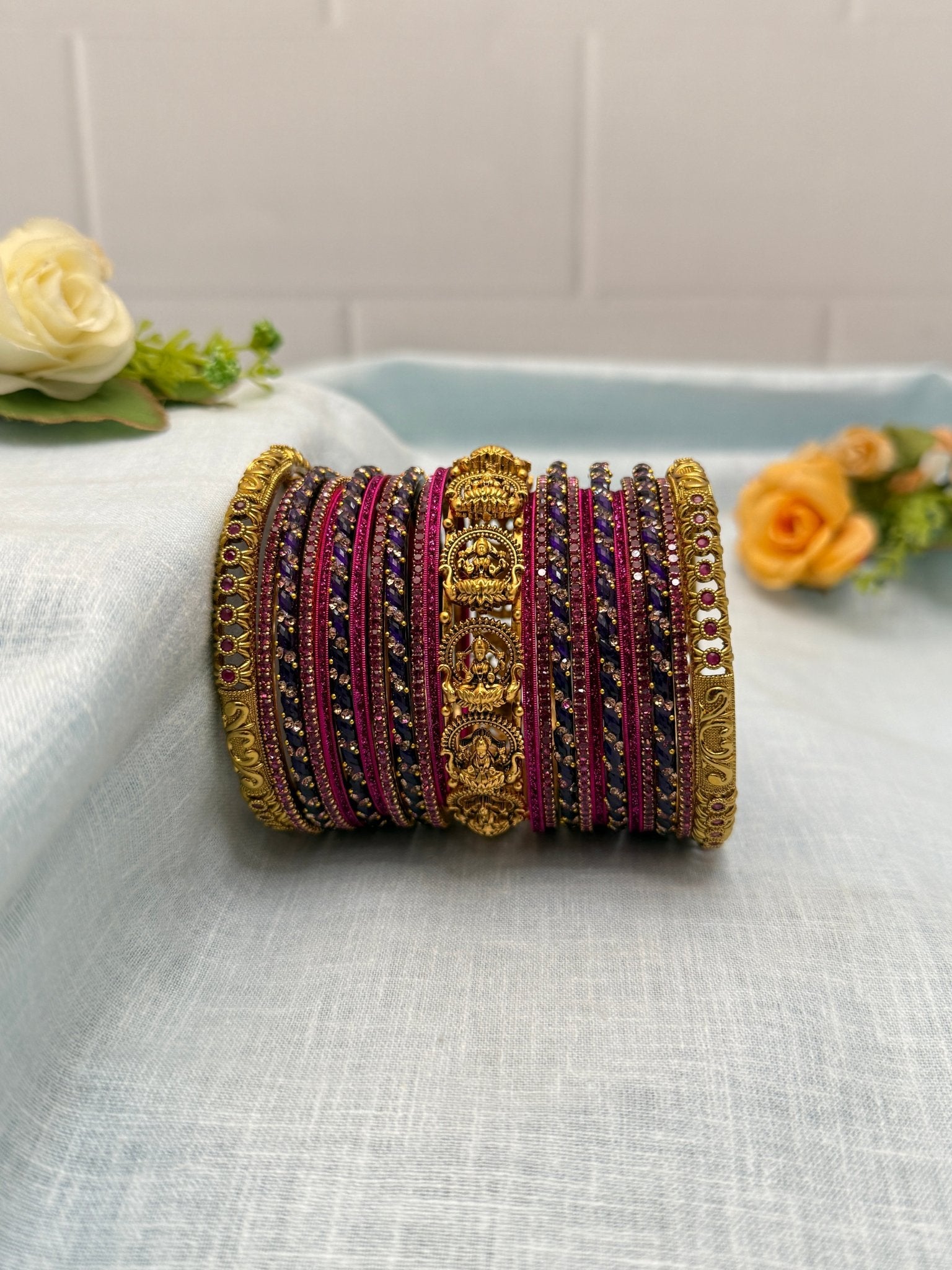 Designer Purple & Rani Pink Antique Glass and Stone Bangle Set - 5171 - Mahilas