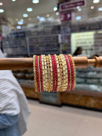 Designer Rani Pink and White Glass & Stone Bangle Set 5320 - Mahilas