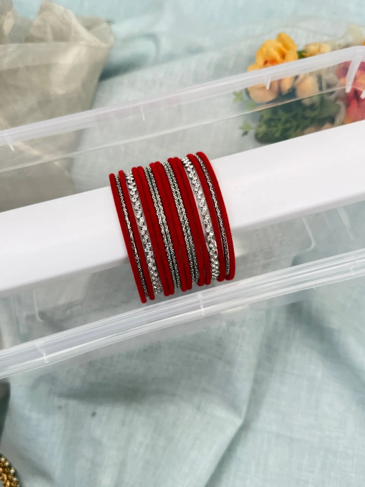 Designer Red & Silver Stone Velvet Bangle Set 5262 - Mahilas