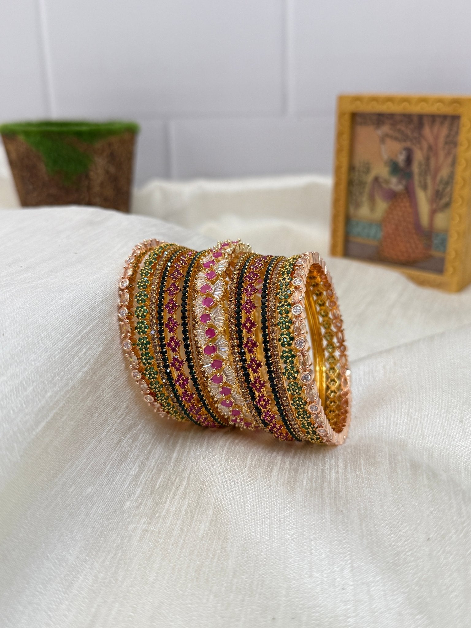 Designer Ruby Pink Gold And Green Stone & Metal Bangle Set - 5142 - Mahilas