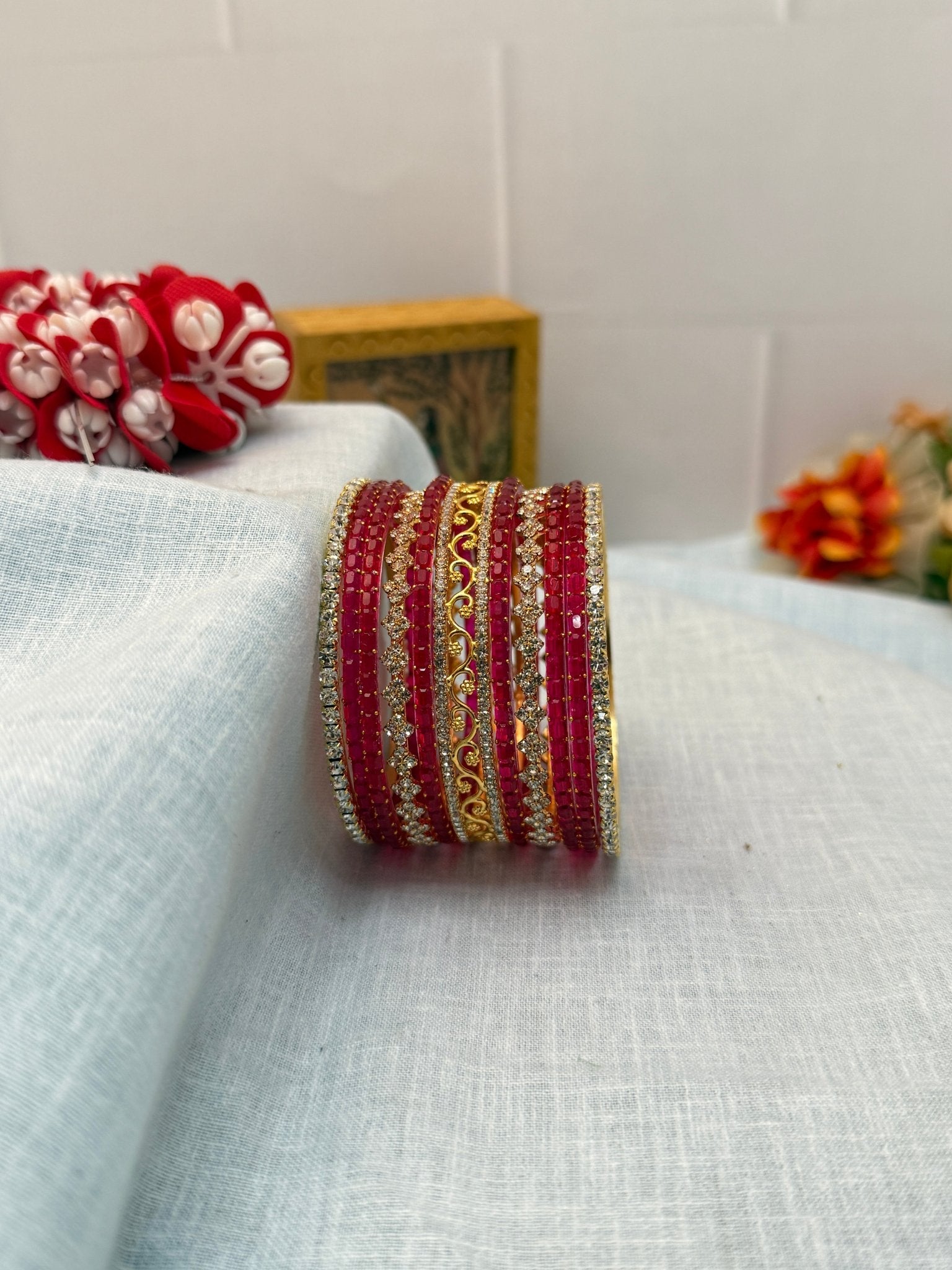 Designer Stone & Glass Bangle Set In 20 Color Options - 5167 - Mahilas