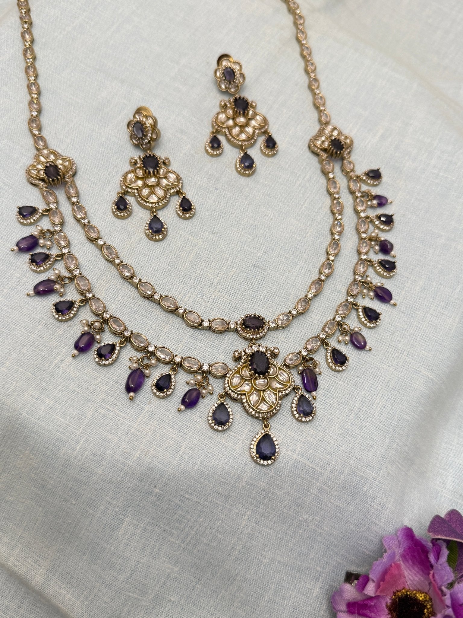 Designer Victorian Kundan Long Necklace Set 182 - Mahilas