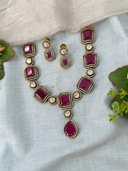 Designer Victorian Stone Short Necklace Set 728 - Mahilas