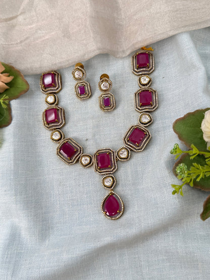 Designer Victorian Stone Short Necklace Set 728 - Mahilas