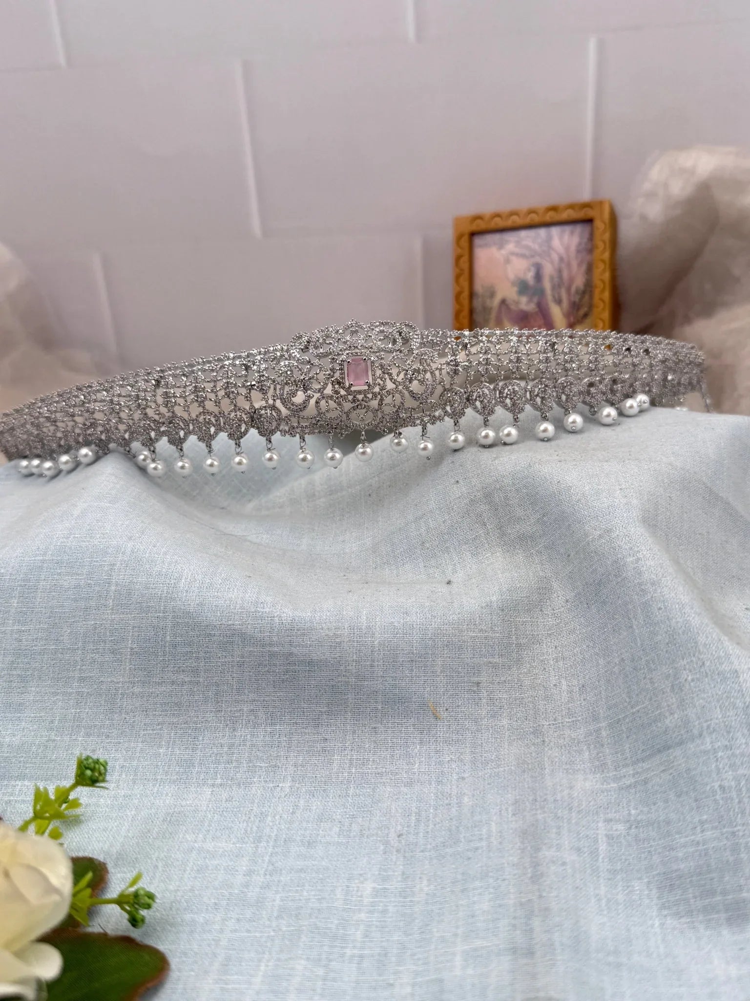 Designer White Stone Vaddanam Waistbelt Kamarbandh 7192 - Mahilas