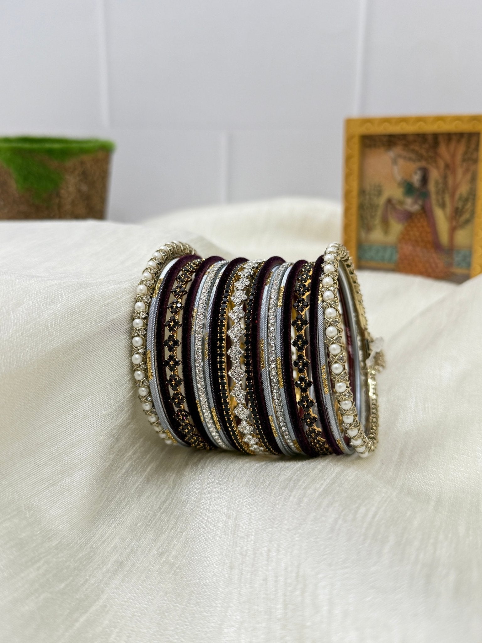 Elegant Gray and Dark Plum Wine Metal & Stone Bangle Set 5102 - Mahilas