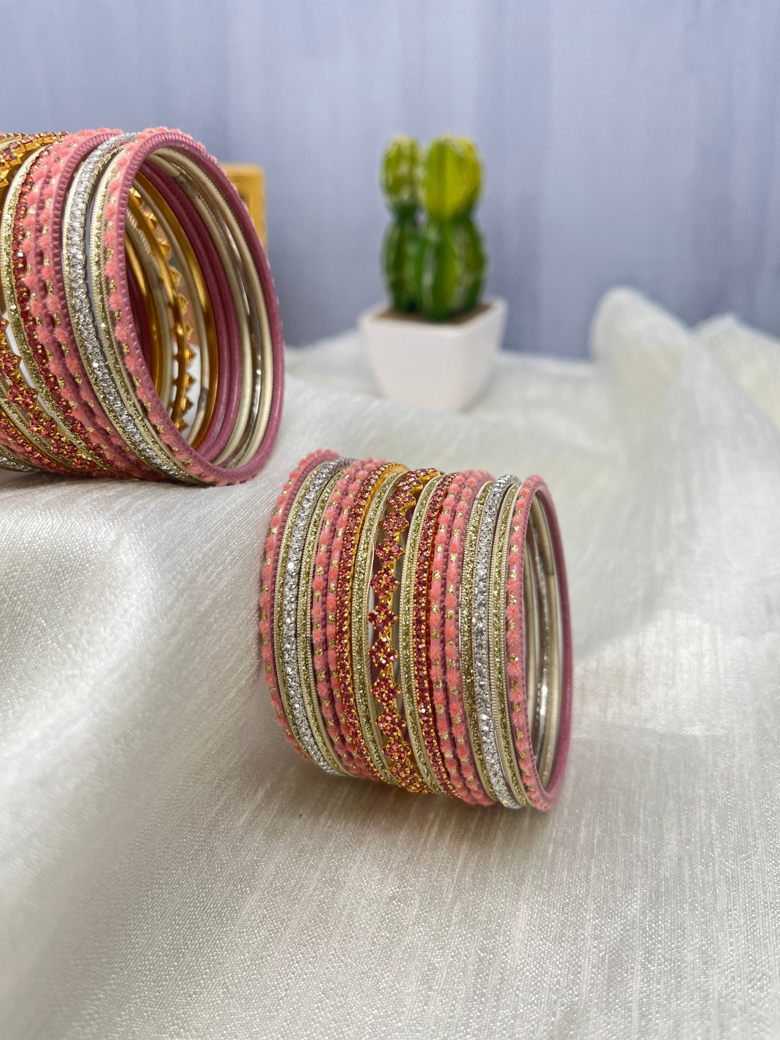 Elegant Pink Stone & Metal Bangle Set 5055 - Mahilas