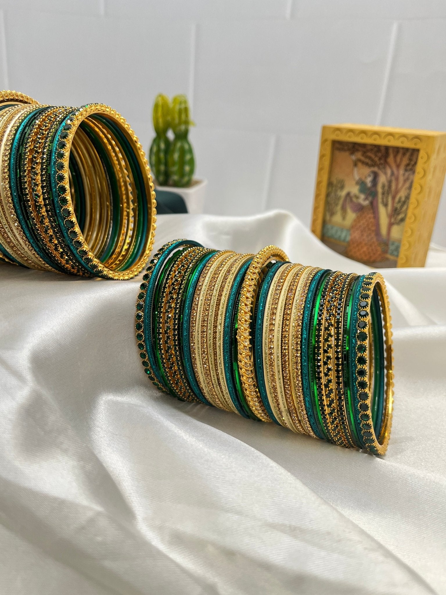 Exquisite Light Cream and Peacock Blue with Green Stone Bangle Set - Mahilas