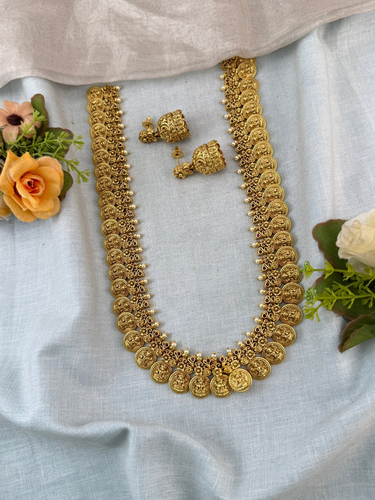 Gold Kaasu Lakshmi Necklace Long Set | 319 - Mahilas
