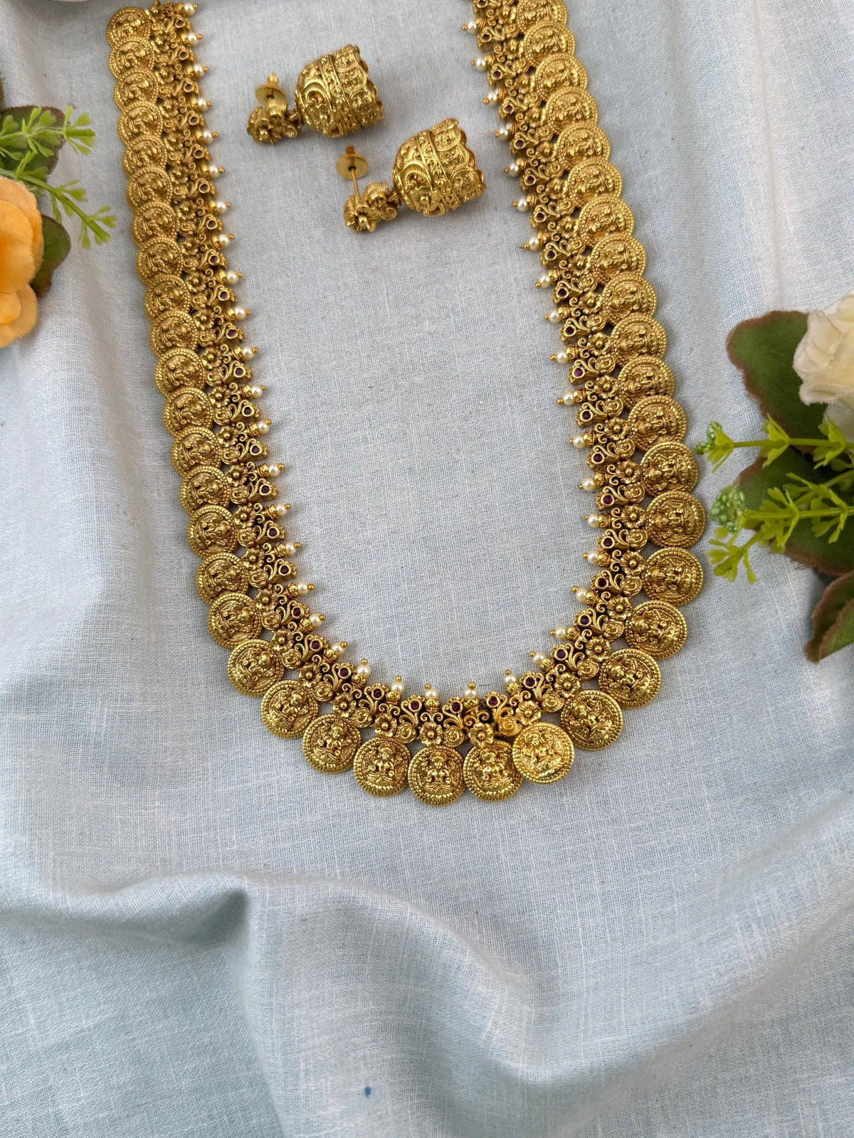 Gold Kaasu Lakshmi Necklace Long Set | 319 - Mahilas