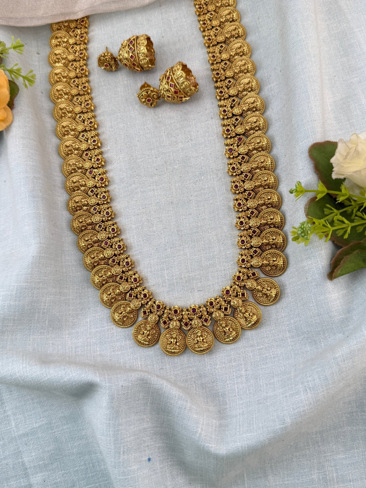 Gold Kaasu Lakshmi Necklace Long Set | 320 - Mahilas