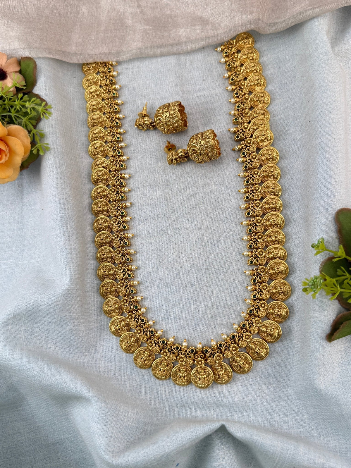 Gold Kaasu Lakshmi Necklace Long Set | 324 - Mahilas