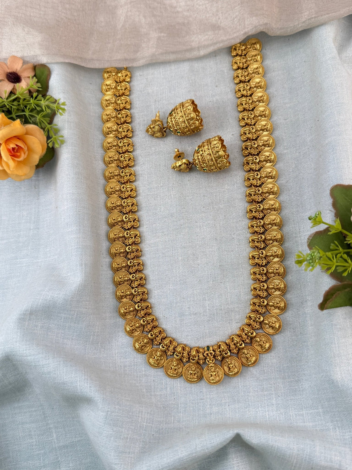 Gold Kaasu Lakshmi Necklace Long Set | 325 - Mahilas