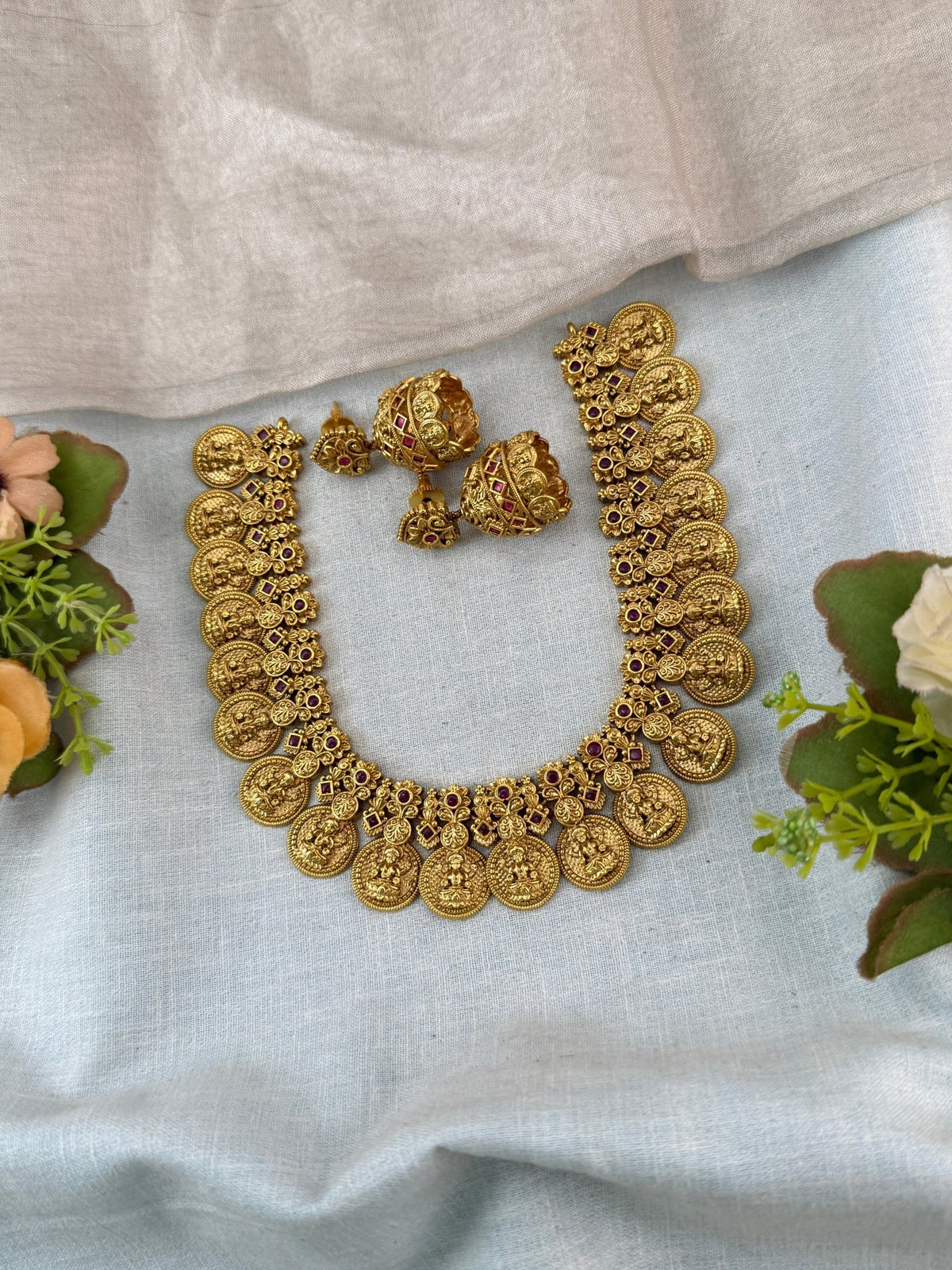 Gold Kaasu Lakshmi Necklace Short Set | 305 - Mahilas