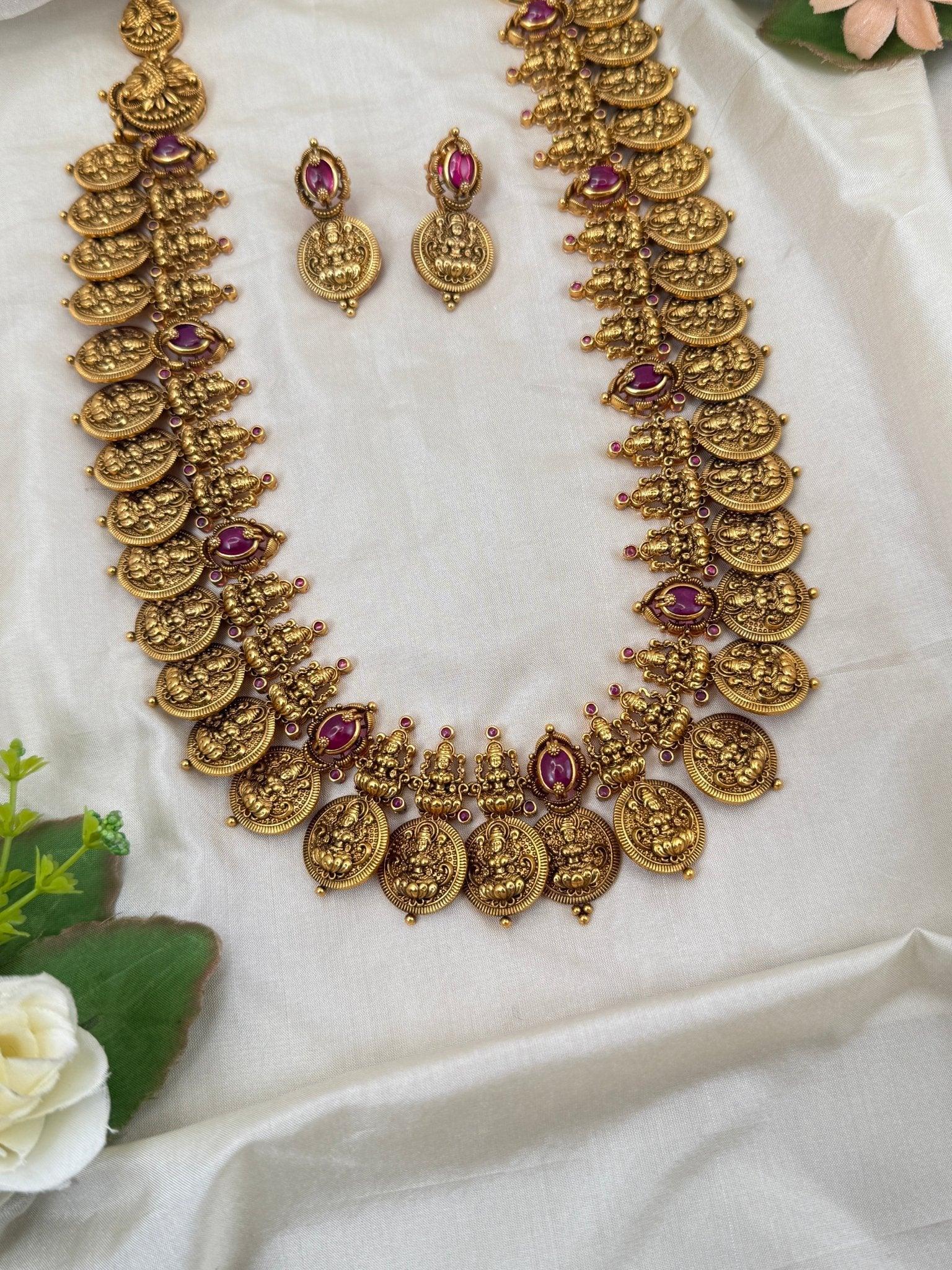Grand Antique Kaasu Statement Long Necklace Set 0237 - Mahilas