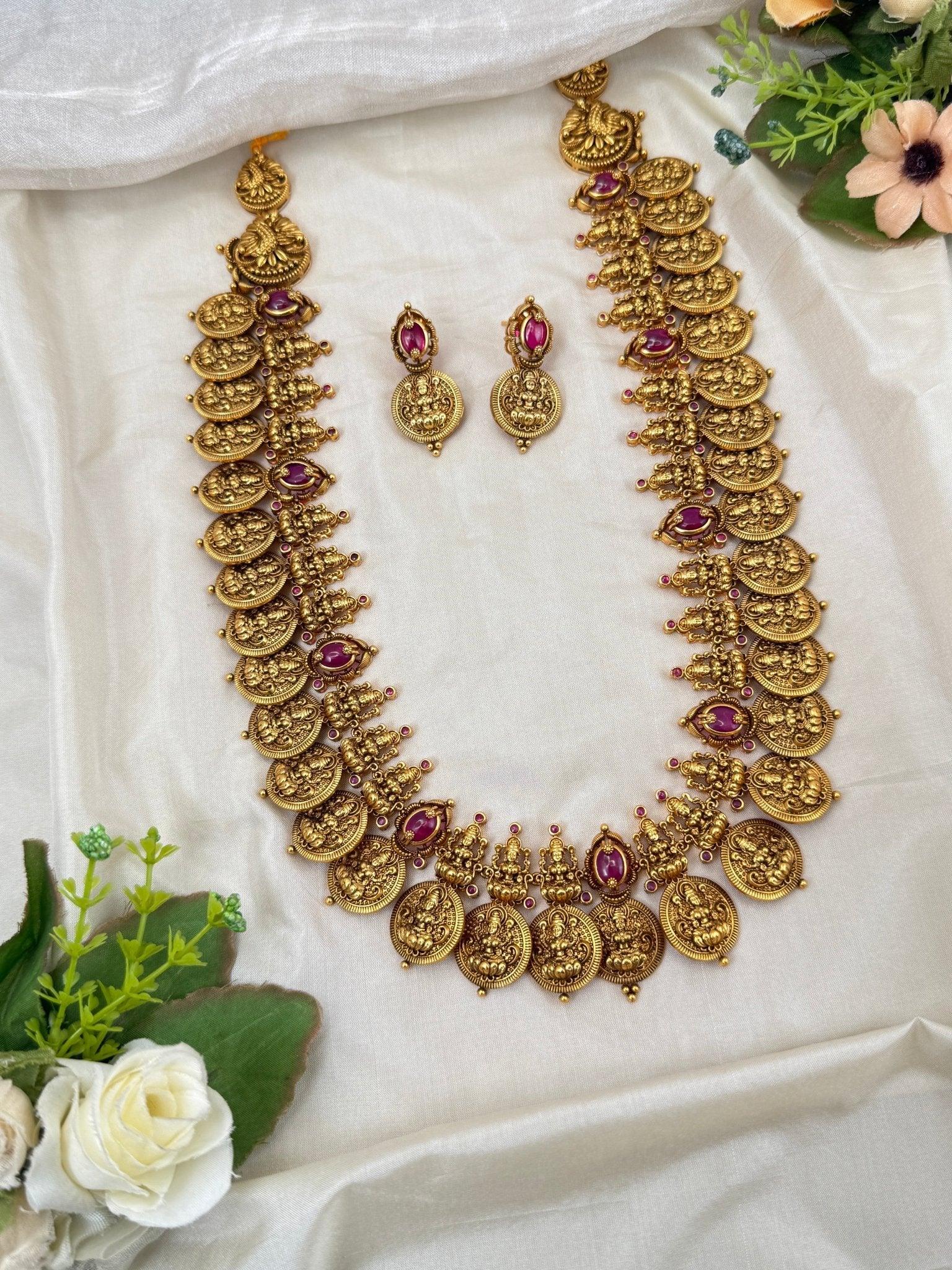 Grand Antique Kaasu Statement Long Necklace Set 0237 - Mahilas