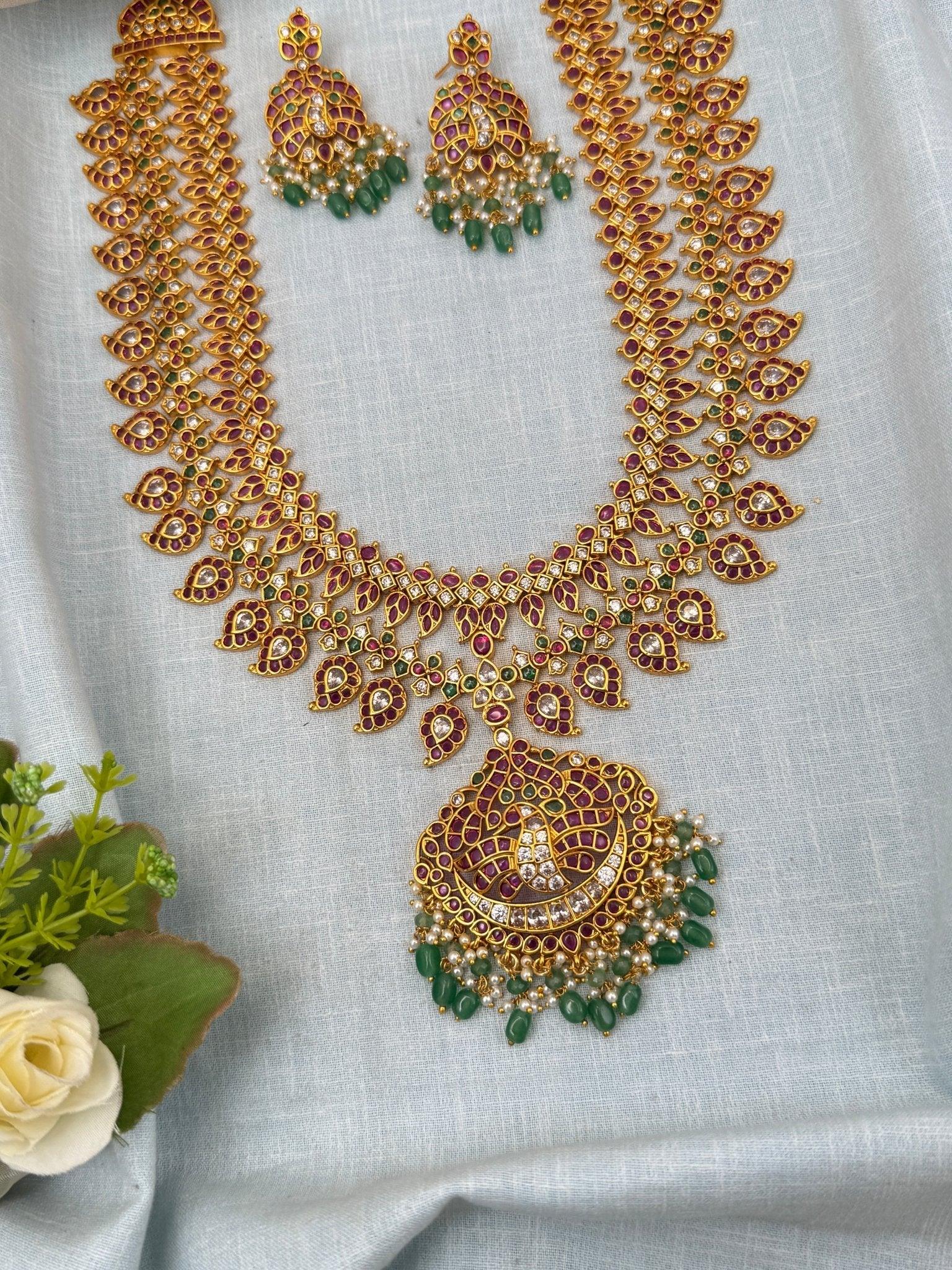 Grand Antique Mango Kemp Stone Mid Long Necklace Set 0211 - Mahilas